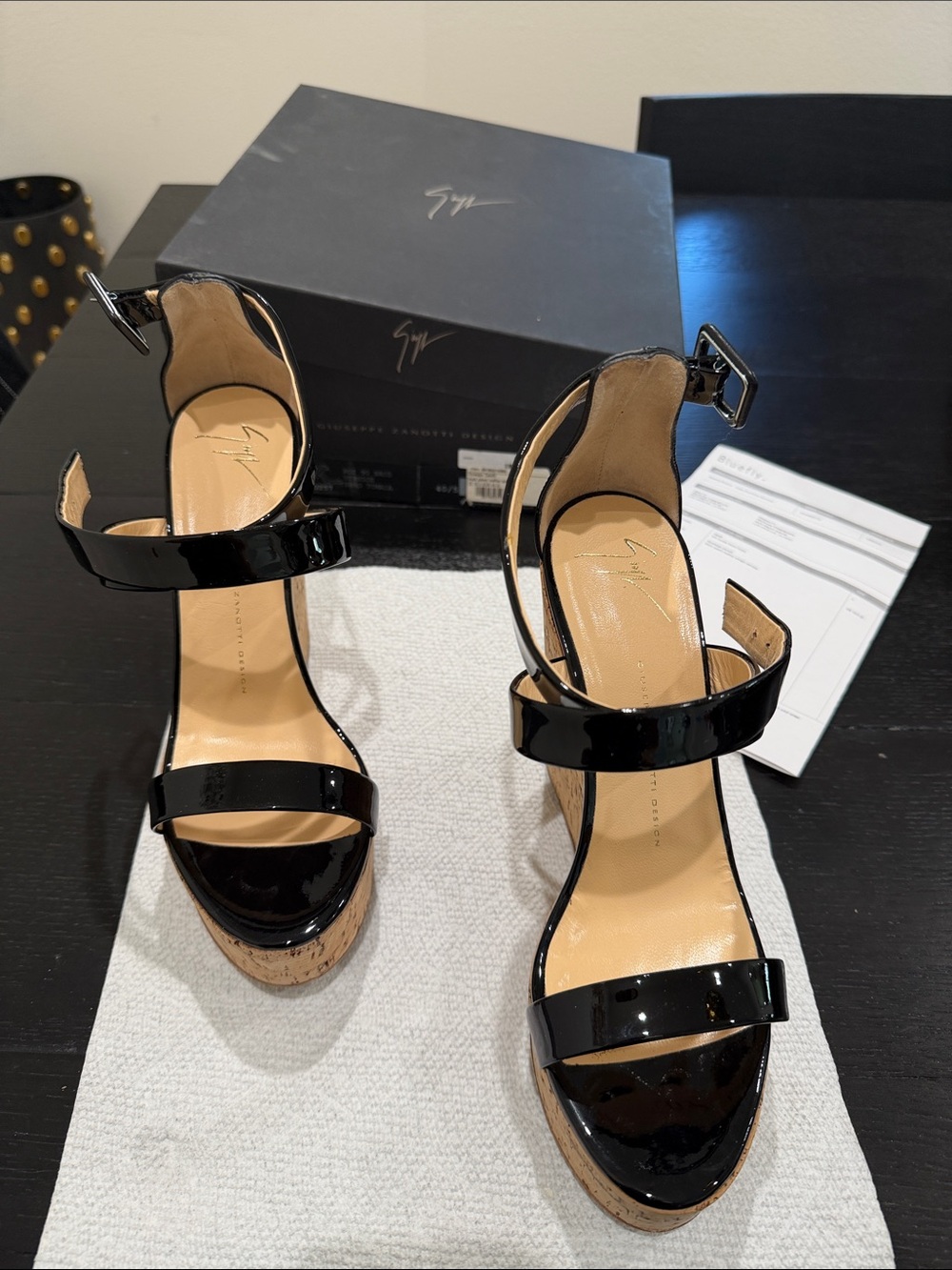 Giuseppe Zanotti Black Patent Cork Platform Sandals